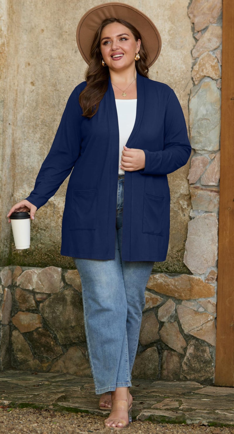 OLRIK Navy Blue Cardigan For Women Plus Size Womens Sweaters Plus Size Long Sleeve Navy Blue-2X - Image 5