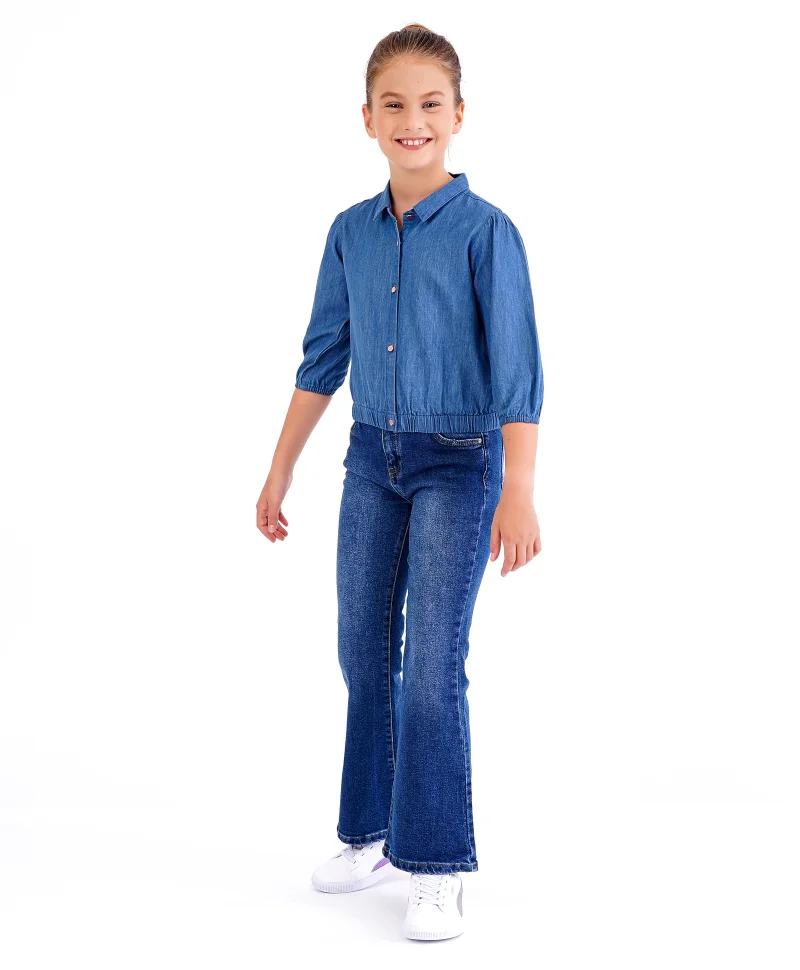 Primo Gino Primo Gino Denim Top with Elasticated Bottom Hem - Blue