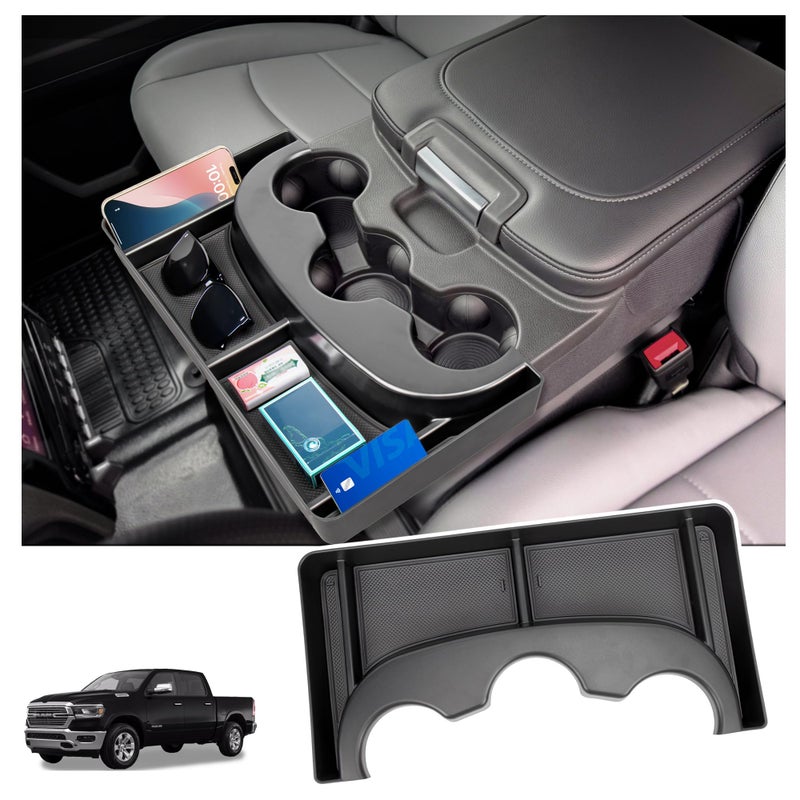 Sinminou Center Console Cup Holder Organizer Compatible with 2013-2024 Dodge RAM(1500/1500 Classic/2500/3500) Accessories, Cup Holder Front Storage Box Tray(Only fit Jump Seat with Three Cup Holders) - Image 1