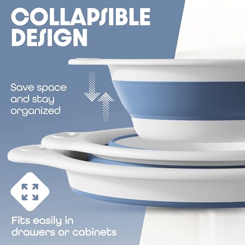 Gevoli Collapsible Colanders (3 Pack Set) Food Strainers with Over-Sink Water Draining Base for Pasta Fruits and Vegetables, White/Blue (3 Sizes, 3QT, 4QT and 5 Quart) - Image 4