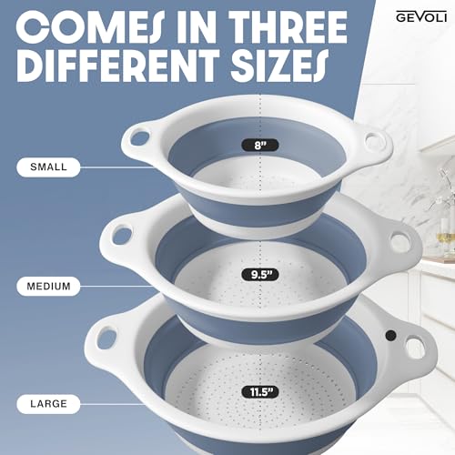 Gevoli Collapsible Colanders (3 Pack Set) Food Strainers with Over-Sink Water Draining Base for Pasta Fruits and Vegetables, White/Blue (3 Sizes, 3QT, 4QT and 5 Quart) - Image 5