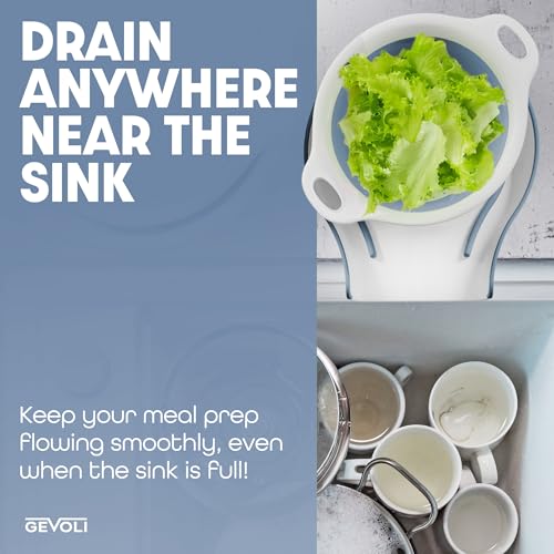Gevoli Collapsible Colanders (3 Pack Set) Food Strainers with Over-Sink Water Draining Base for Pasta Fruits and Vegetables, White/Blue (3 Sizes, 3QT, 4QT and 5 Quart) - Image 3