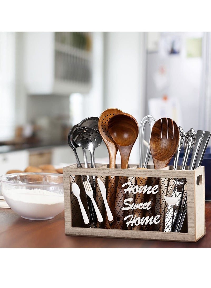 Wooden Silverware Holder, 4 Compartments Kitchen Utensil Holder for Countertop,Rustic Spoon Tools Storage Caddy Decoroon Decor - Image 3
