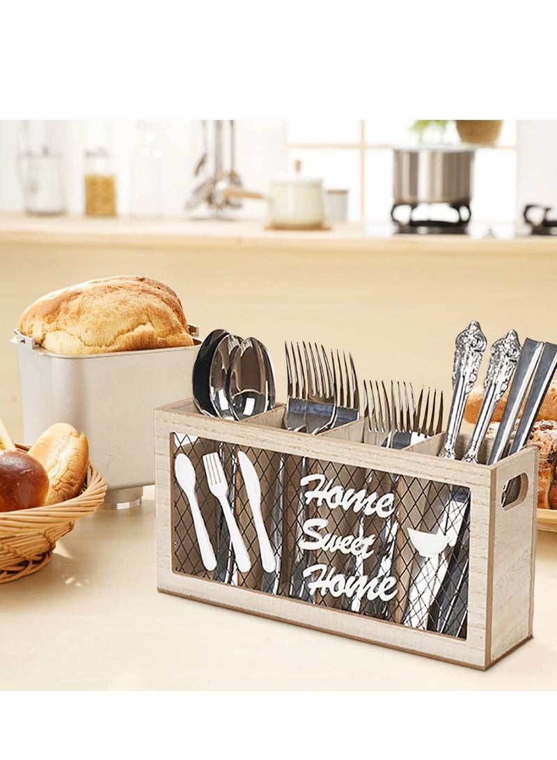 Wooden Silverware Holder, 4 Compartments Kitchen Utensil Holder for Countertop,Rustic Spoon Tools Storage Caddy Decoroon Decor - Image 5