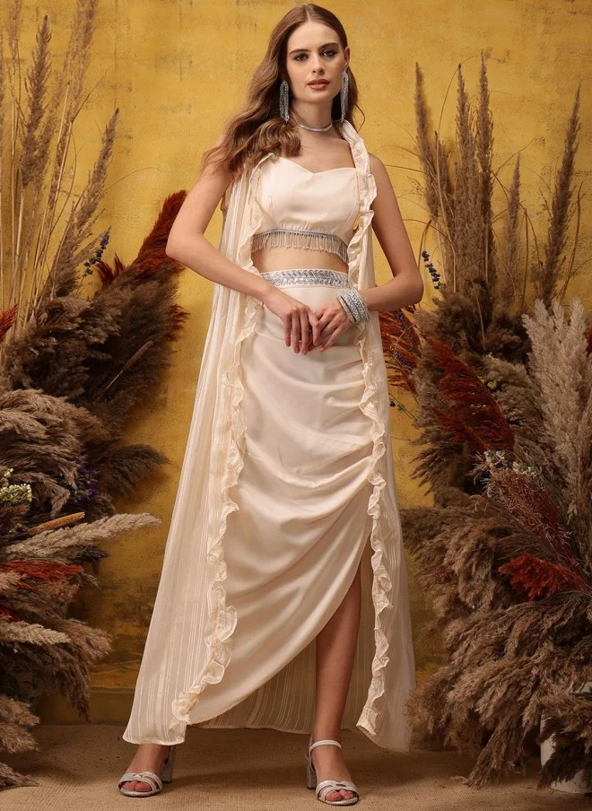 Indo Street Peach Square Neck Top, Shrug, and Skirt Set for Women