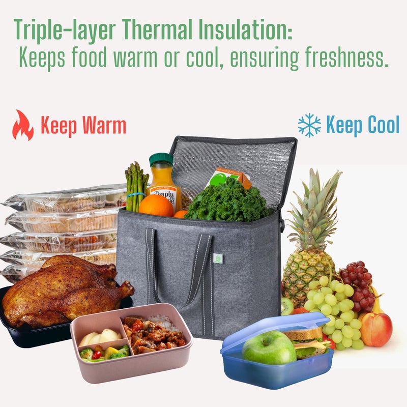 VENO 2 Pack Cooler Bag and Insulated Grocery Bags for Food Delivery, Collapsible Cooler. Reusable Shopping Bags for Groceries with Hard Bottom, Zippered Top, Foldable, Heavy-Duty (Gray, 2 Pack) - Image 2