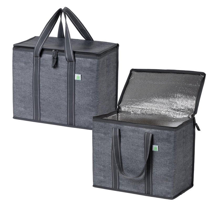 VENO 2 Pack Cooler Bag and Insulated Grocery Bags for Food Delivery, Collapsible Cooler. Reusable Shopping Bags for Groceries with Hard Bottom, Zippered Top, Foldable, Heavy-Duty (Gray, 2 Pack) - Image 1