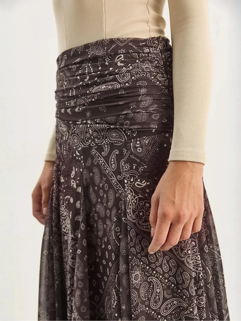 Bianco Lucci Coffee Brown LUCCI High Waist Ethnic Print Midi Skirt for Women | Best Price UAE