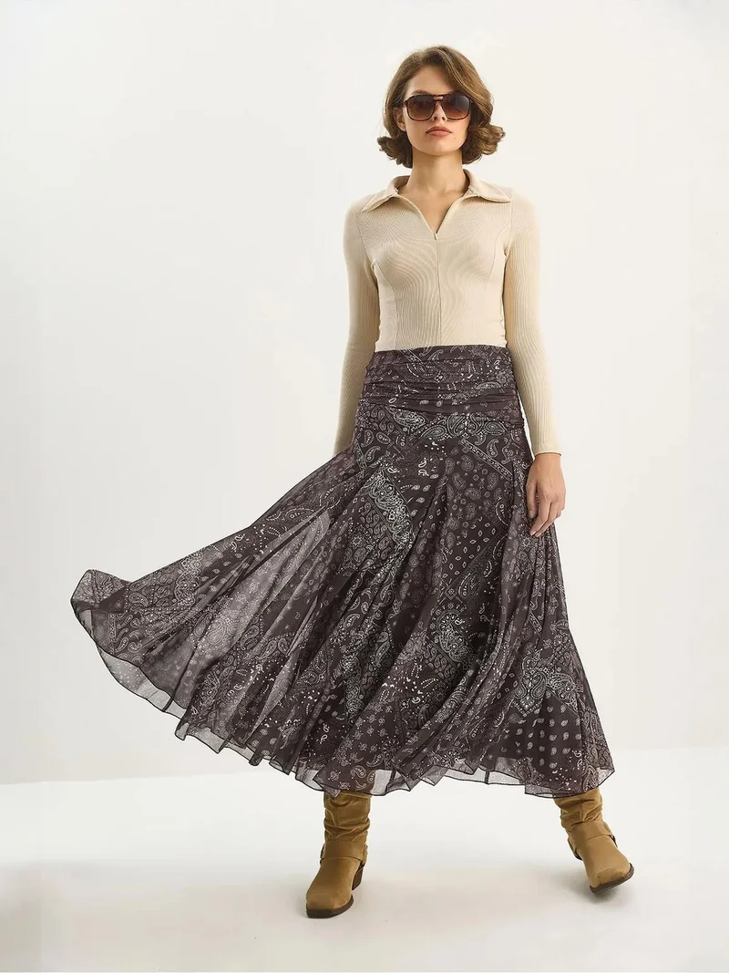 Bianco Lucci Coffee Brown LUCCI High Waist Ethnic Print Midi Skirt for Women | Best Price UAE