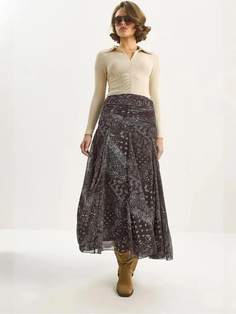 Bianco Lucci Coffee Brown LUCCI High Waist Ethnic Print Midi Skirt for Women | Best Price UAE