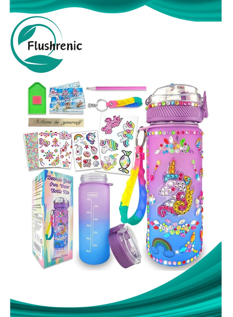 Flushrenic Decorate Your Own Water Bottle Kits，Water Bottle Kits Colorful,Kids Water Bottle Gifts Mermaid Water Bottle,with Stickers Attractive Decorate Your Own Water Bottle Kits for Little Kids (Unicorn) - Image 1