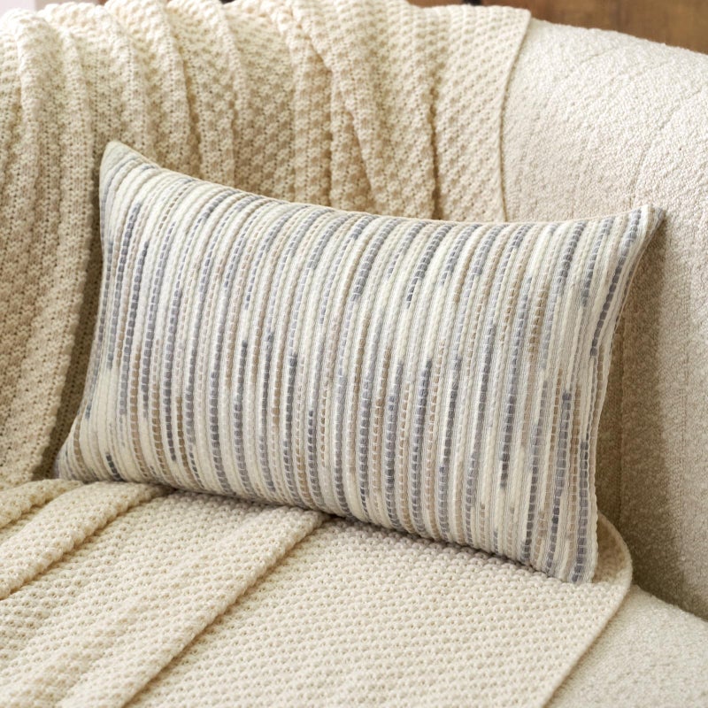 Aeckself Boho Striped Pillow Cover 12x20, Rectangle Decorative Lumbar Throw Pillow Cover Chenille Neutral Pillowcase for Couch Bedroom Living Room, Gray White - Image 1