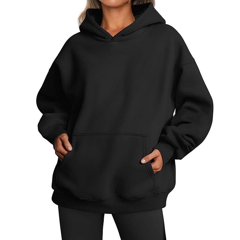 2023 New Amazon European and American cross-border foreign trade autumn and winter fashion Sports womens top thick hooded sweater Black