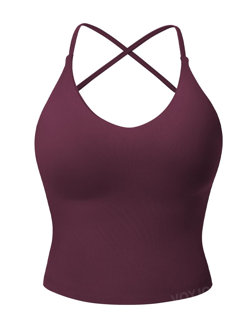 VOYJOY Women's Workout Tank Top V Neck Padded Sleeveless Backless Crop Tops with Adjustable Spaghetti Strap Mauve XS - Image 1