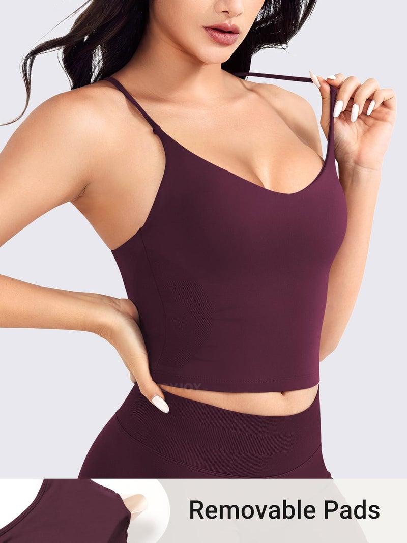 VOYJOY Women's Workout Tank Top V Neck Padded Sleeveless Backless Crop Tops with Adjustable Spaghetti Strap Mauve XS - Image 3