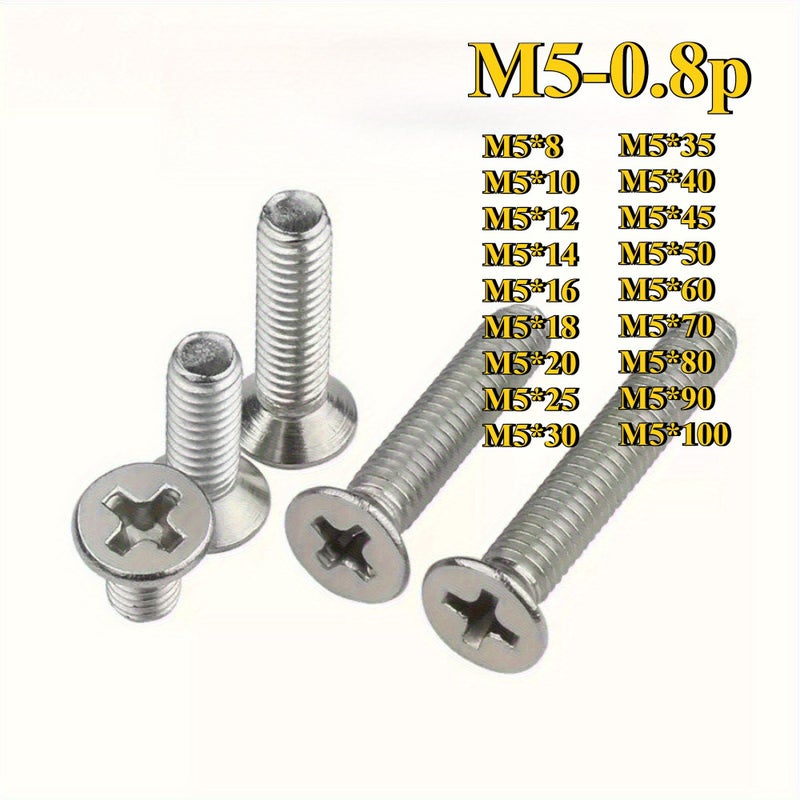 برغي M5 0 8P X 25mm من الفولاذ المقاوم للصدأ 304، رأس غاطس فيليبس مسطح، نهاية عادية، 30 قطعة - Image 2