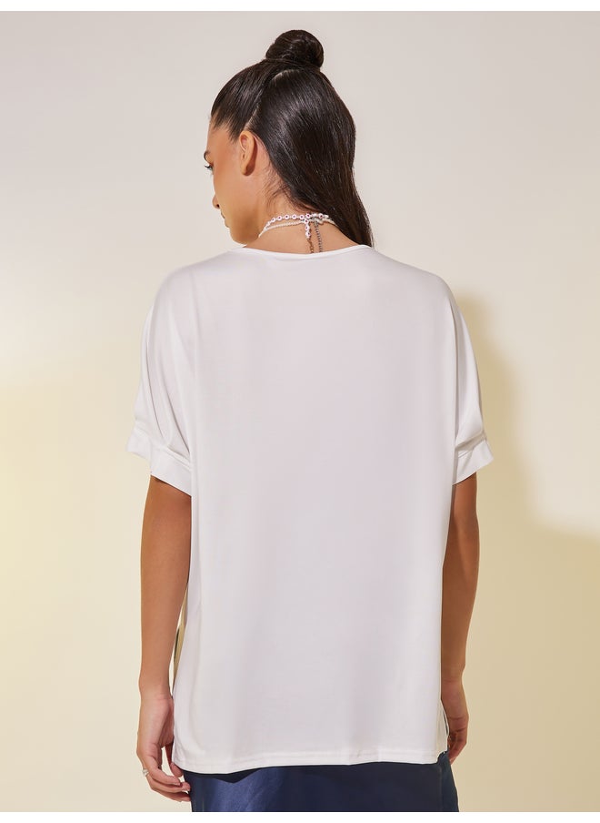 Take Two Take Two Solid Round Neck Oversized T-Shirt with Side Slits  - Image 5