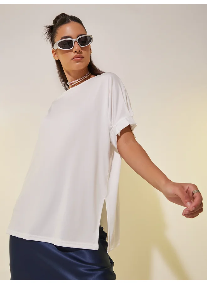Take Two Take Two Solid Round Neck Oversized T-Shirt with Side Slits