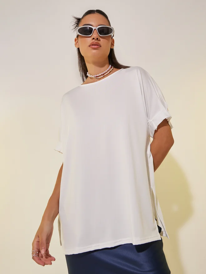 Take Two Take Two Solid Round Neck Oversized T-Shirt with Side Slits