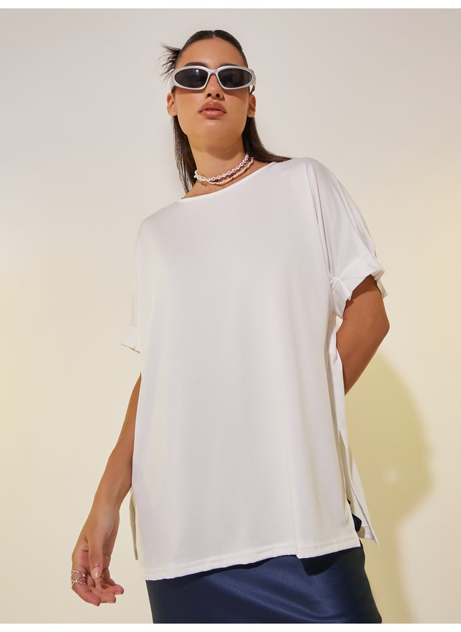 Take Two Take Two Solid Round Neck Oversized T-Shirt with Side Slits  - Image 3