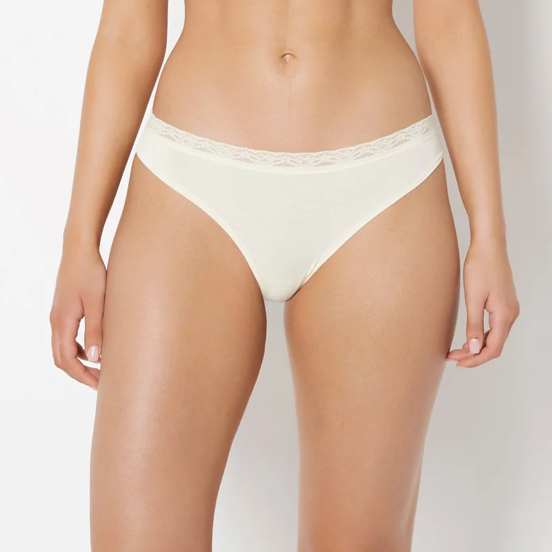 لا سينزا La Senza Ultrasoft Modal Cheeky Thong Panty with Lace Trim In Lemon Icing