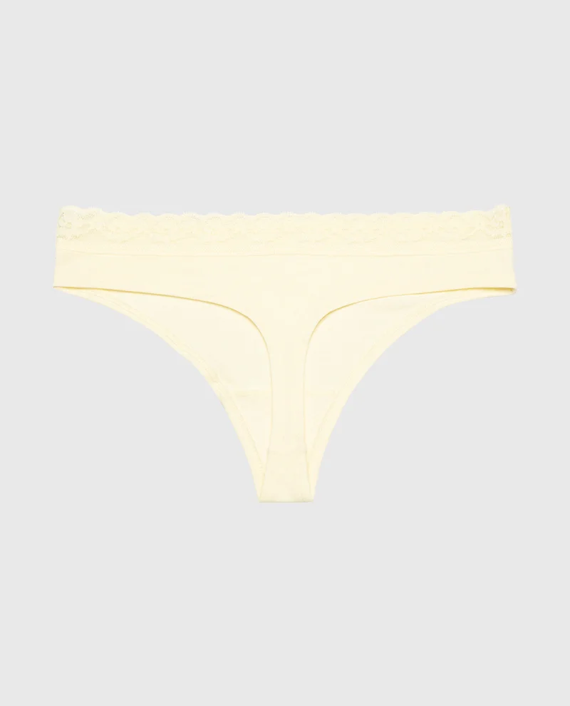لا سينزا La Senza Ultrasoft Modal Cheeky Thong Panty with Lace Trim In Lemon Icing