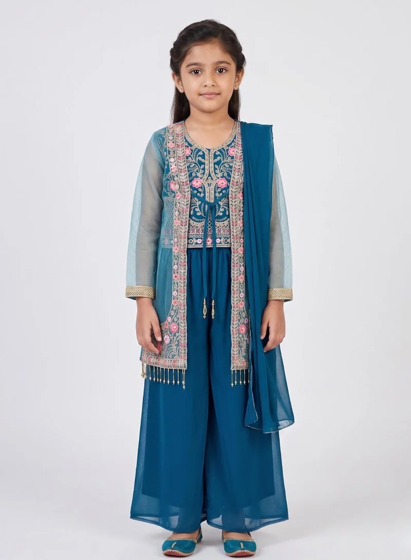 babyqlo Girls Blue Floral Jacket Sharara Set