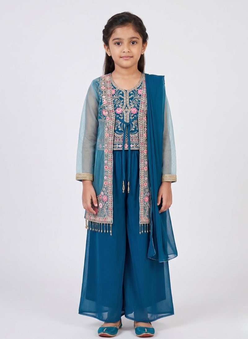 babyqlo Girls Blue Floral Jacket Sharara Set - Image 1