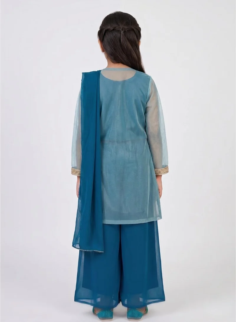 babyqlo Girls Blue Floral Jacket Sharara Set