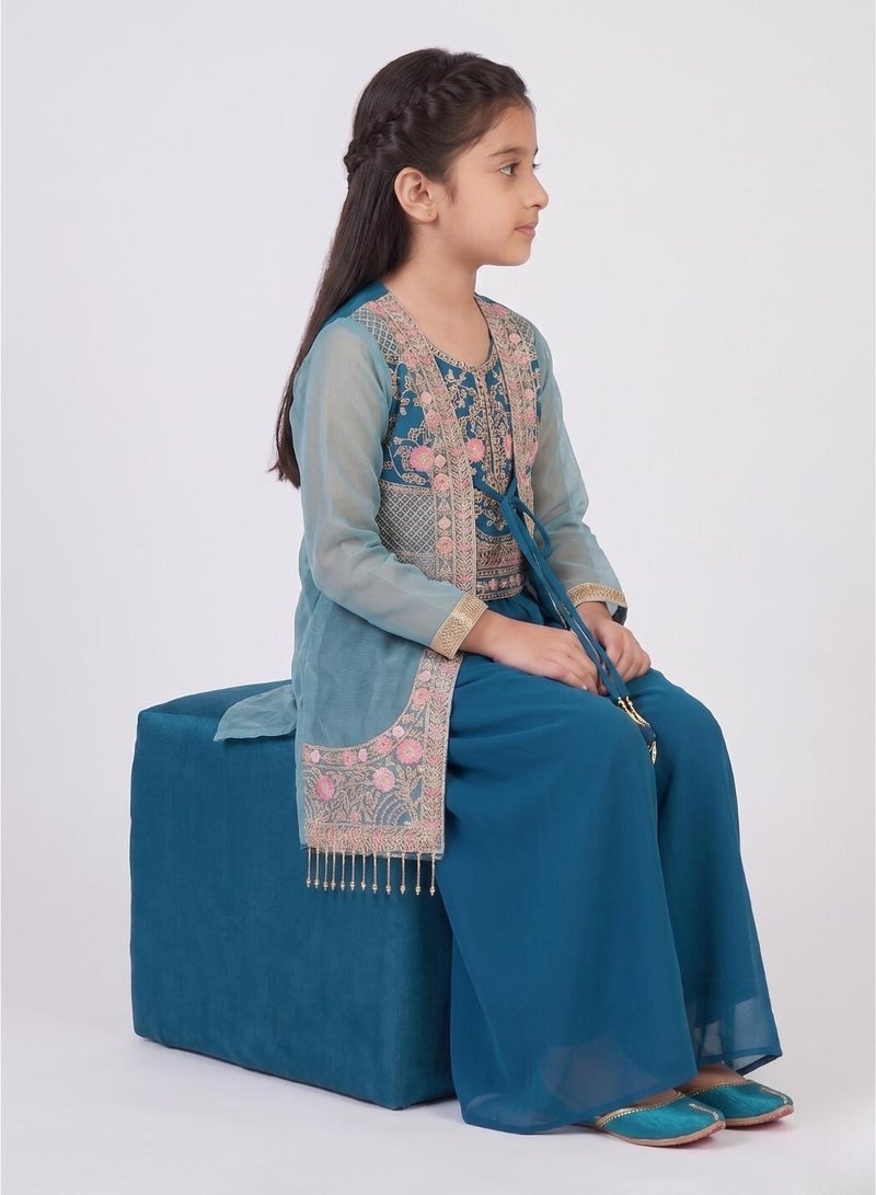 babyqlo Girls Blue Floral Jacket Sharara Set - Image 3