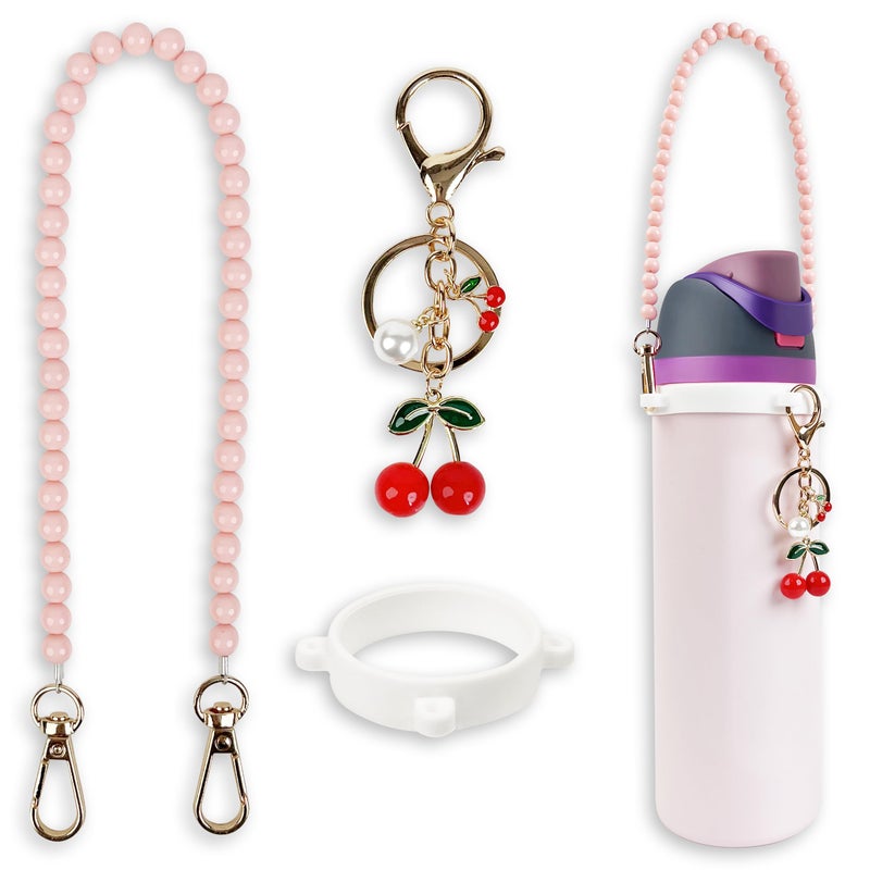 SITKOL Handle Strap and Cherry Charm Set for Owala Water Bottle 24 oz, 32 oz, 40 oz, Owala Kids, Owala Coffee Tumbler, Owala FreeSip, for Owala Accessories & Stanley Cup Accessories (Beaded Pink) - Image 1