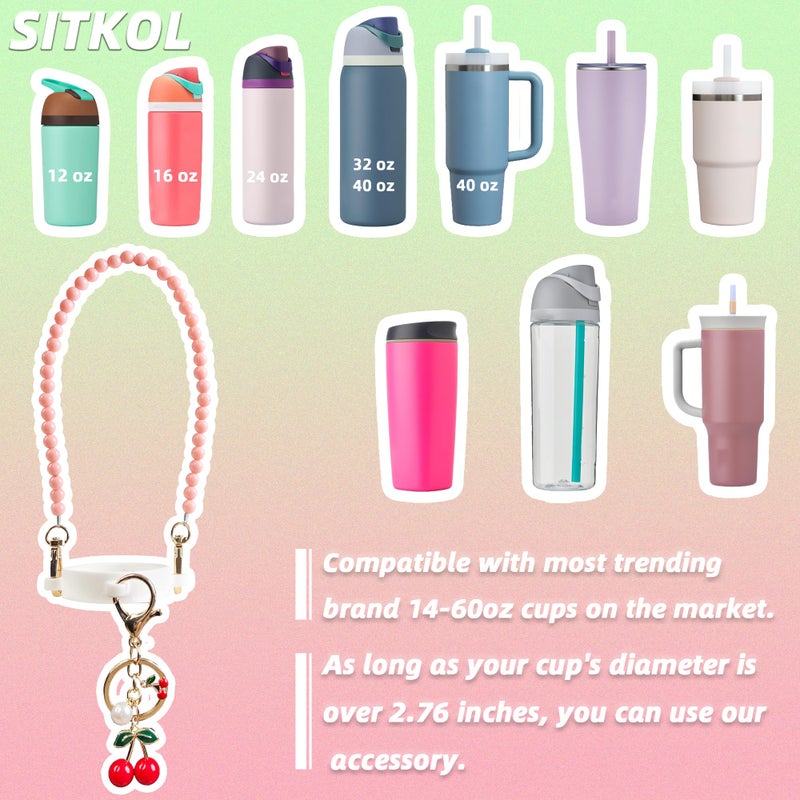 SITKOL Handle Strap and Cherry Charm Set for Owala Water Bottle 24 oz, 32 oz, 40 oz, Owala Kids, Owala Coffee Tumbler, Owala FreeSip, for Owala Accessories & Stanley Cup Accessories (Beaded Pink) - Image 2