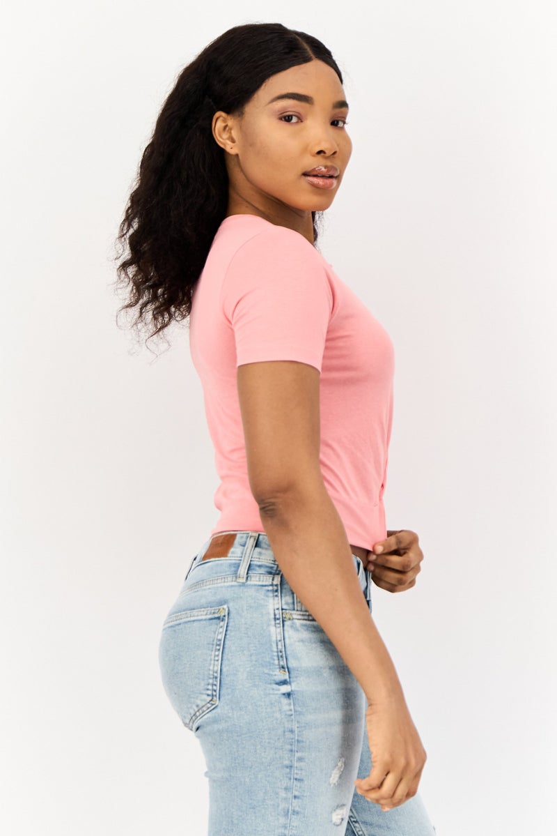 ONLY Women Crew Neck Short Sleeves Graphic Print Top, Pink  - Image 3
