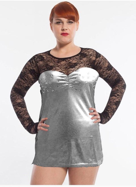 Leather lingerie dress with lace sleeves and capes