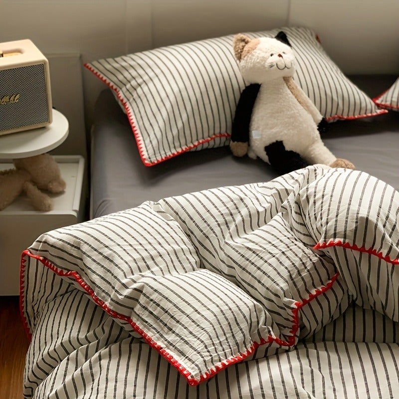 3pcs High-End Minimalist Egyptian Cotton Duvet Cover Set, Bedding 3pcs Set, Artistic Style Duvet Cover + Pillowcases, Breathable Ultra-Soft Duvet Cover, 1 Duvet Cover (Excludes Filling) + 2 Pillowcases (Excludes Inserts), Single Student Dormitory - Image 2