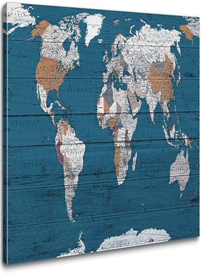 AREBOLO Vintage Map Wall Art Blue World Canvas Prints Picture Dceor for Living Room Bedroom 100 x 50cm, Large Wood Grain Maps Painting Poster Modern Nautical Themed Artwork Home Office Decoration 