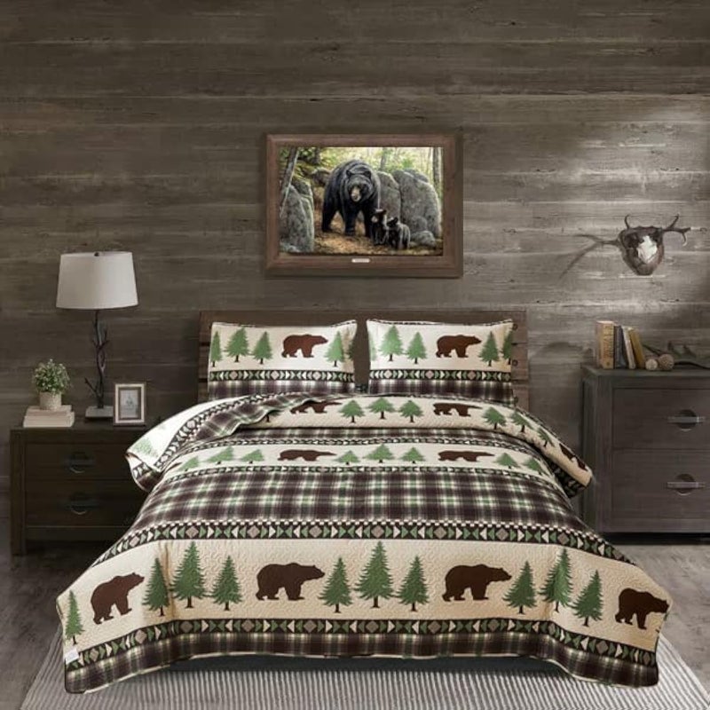 Quilt Set Queen Size Rustic Lodge Plaid Quilt Bed Spread Country Cabin Brown Bear Bedding Lightweight Reversible Quilts Home Bedspread Coverlet with 2 Pillow Shams