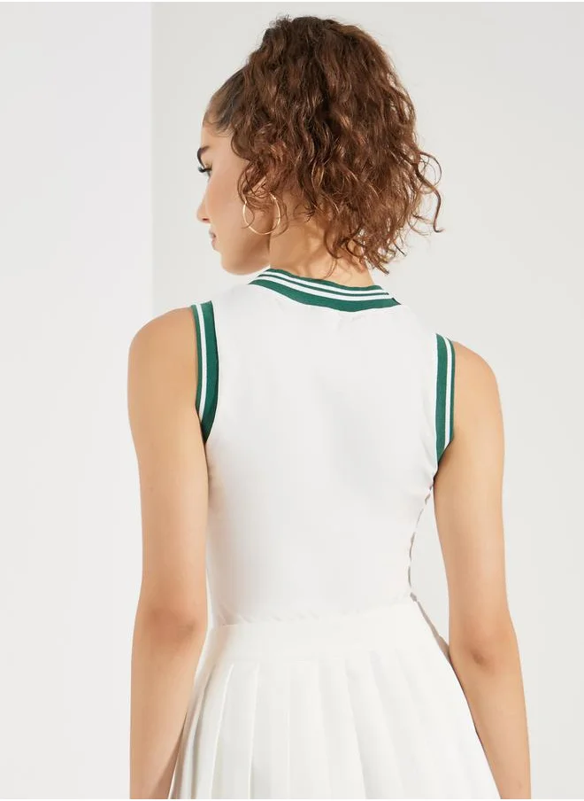 Styli Varsity Rib Detail V Neck Knitted Bodysuit