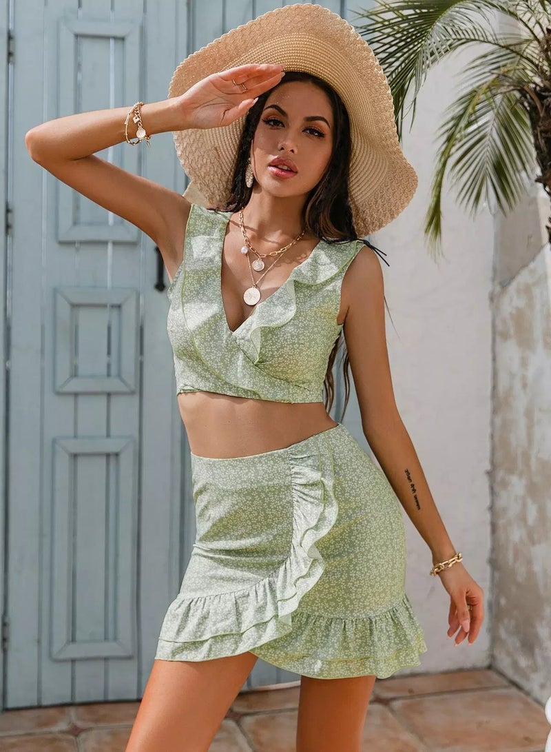 Ruffle Surplice Neck Ditsy Floral Top & Wrap Skirt Set - Image 5