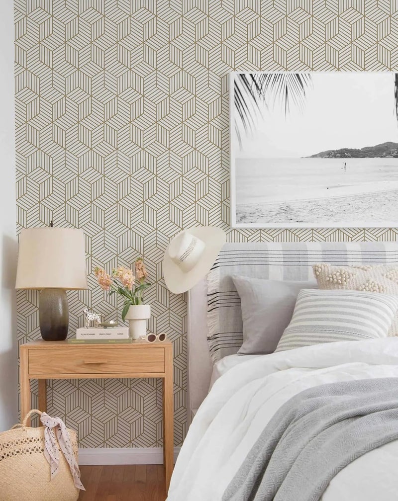 MelunMer Gold Geometric Wallpaper Peel and Stick 591In L 17.7In W Self Adhesive Removable Wallpaper for Bedroom/Bathroom Waterproof Gold/White Contact Paper Hexagon Modern Contact Paper for Cabinets - Image 5