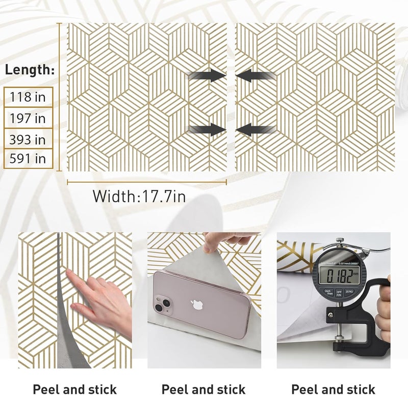 MelunMer Gold Geometric Wallpaper Peel and Stick 591In L 17.7In W Self Adhesive Removable Wallpaper for Bedroom/Bathroom Waterproof Gold/White Contact Paper Hexagon Modern Contact Paper for Cabinets - Image 3