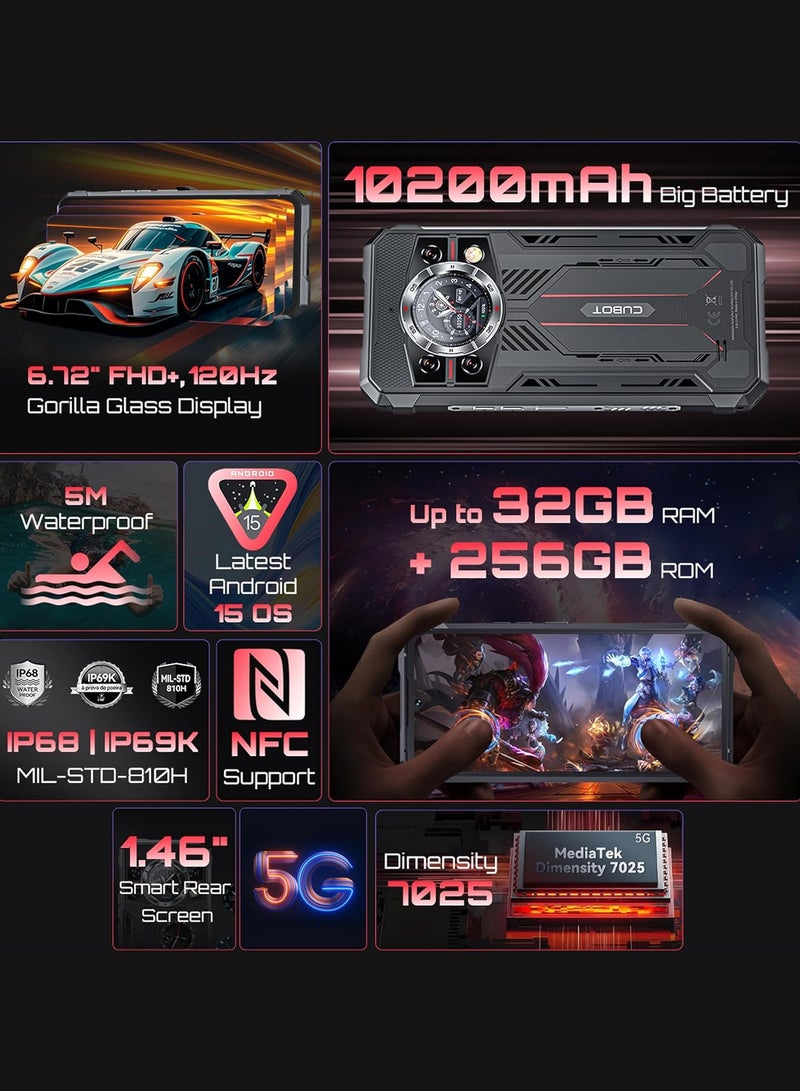 Cubot KingKong 11 5G Rugged Smartphone 6.72 Inch 120Hz FHD+ Screen Android15 Dual SIM 16GB RAM 256GB ROM 10200mAh Battery 108MP Rear+32MP Front Camera NFC Waterproof Mobile Phone -Black - Image 2