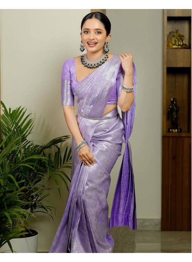 SIRIL SIRIL Women's Soft Silk Saree | Banarasi Silk Sari | Jacquard Zari Work Saree With Unstitched Blouse Piece (4051S600_Light Purple) - Image 4