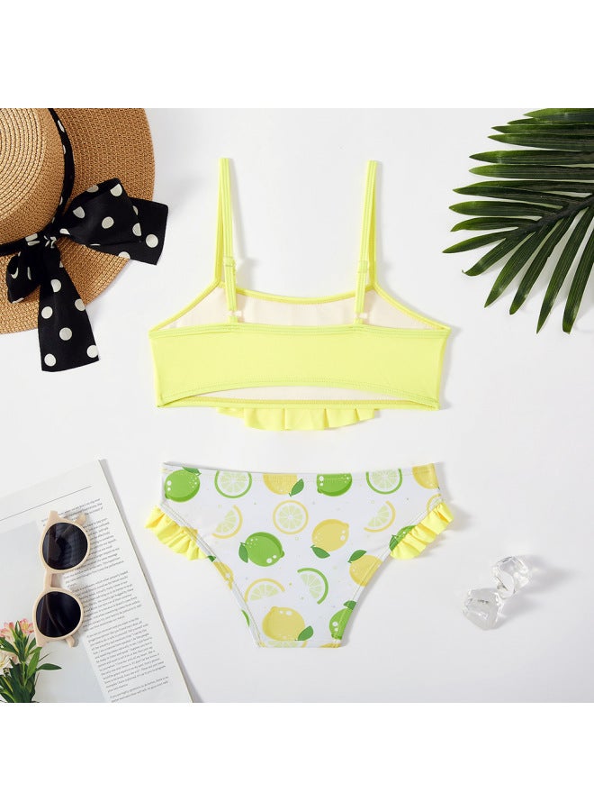 إسكدنيا 2023 ملابس سباحة للفتيات الأوروبية والأمريكية كبيرة الحجم للأطفال بنمط فواكه ملابس سباحة منقسمة طقم ملابس سباحة للفتيات - اللون: أصفر ليموني - - Image 2