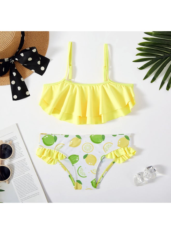 إسكدنيا 2023 ملابس سباحة للفتيات الأوروبية والأمريكية كبيرة الحجم للأطفال بنمط فواكه ملابس سباحة منقسمة طقم ملابس سباحة للفتيات - اللون: أصفر ليموني - - Image 1