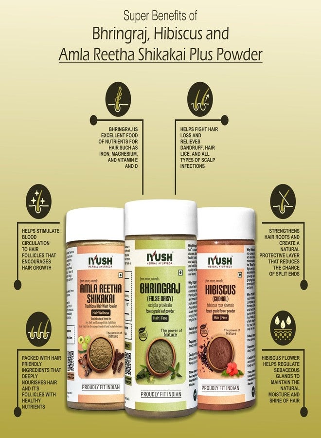 IYUSH Herbal Ayurveda Amla Shikakai Reetha Powder for Hair with Bhringraj Powder and Hibiscus Powder for Hair Growth - 300gm | Herbal Hair Wash Powder | Hair Volume Powder | Hair Powder | 100gm each - Image 2