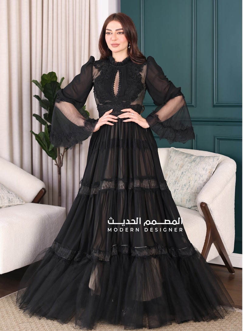 Modern Design Chiffon dress with luxurious layers of chiffon material with layers of lace. The dress features long transparent sleeves and a luxurious chest cut made of luxurious lace.  - Image 1
