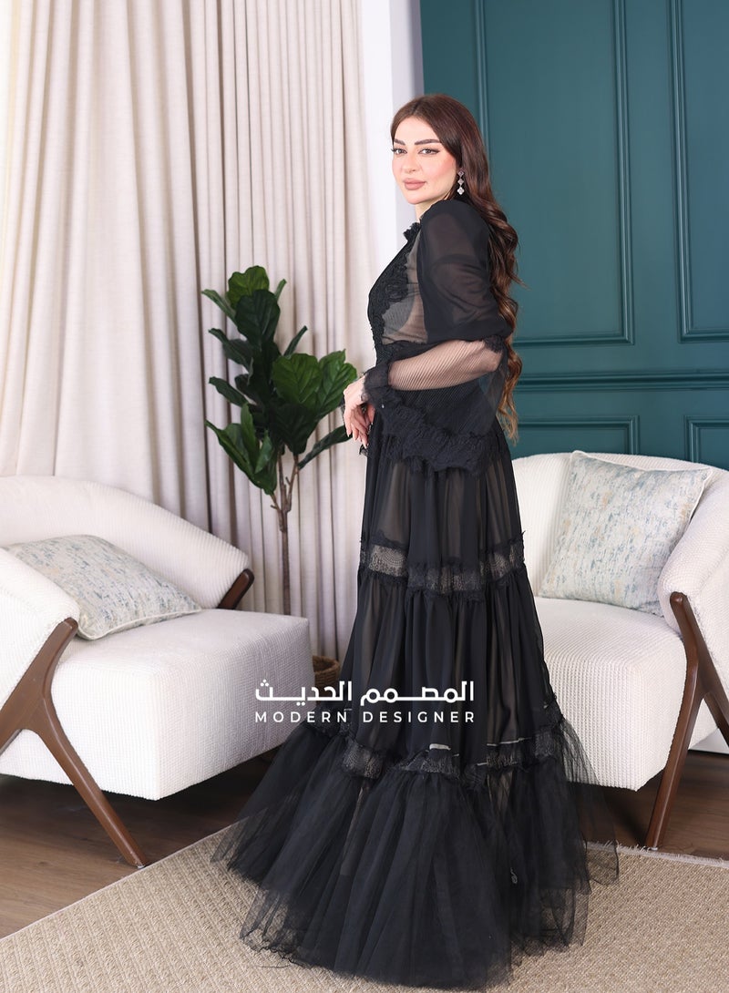 Modern Design Chiffon dress with luxurious layers of chiffon material with layers of lace. The dress features long transparent sleeves and a luxurious chest cut made of luxurious lace.  - Image 2