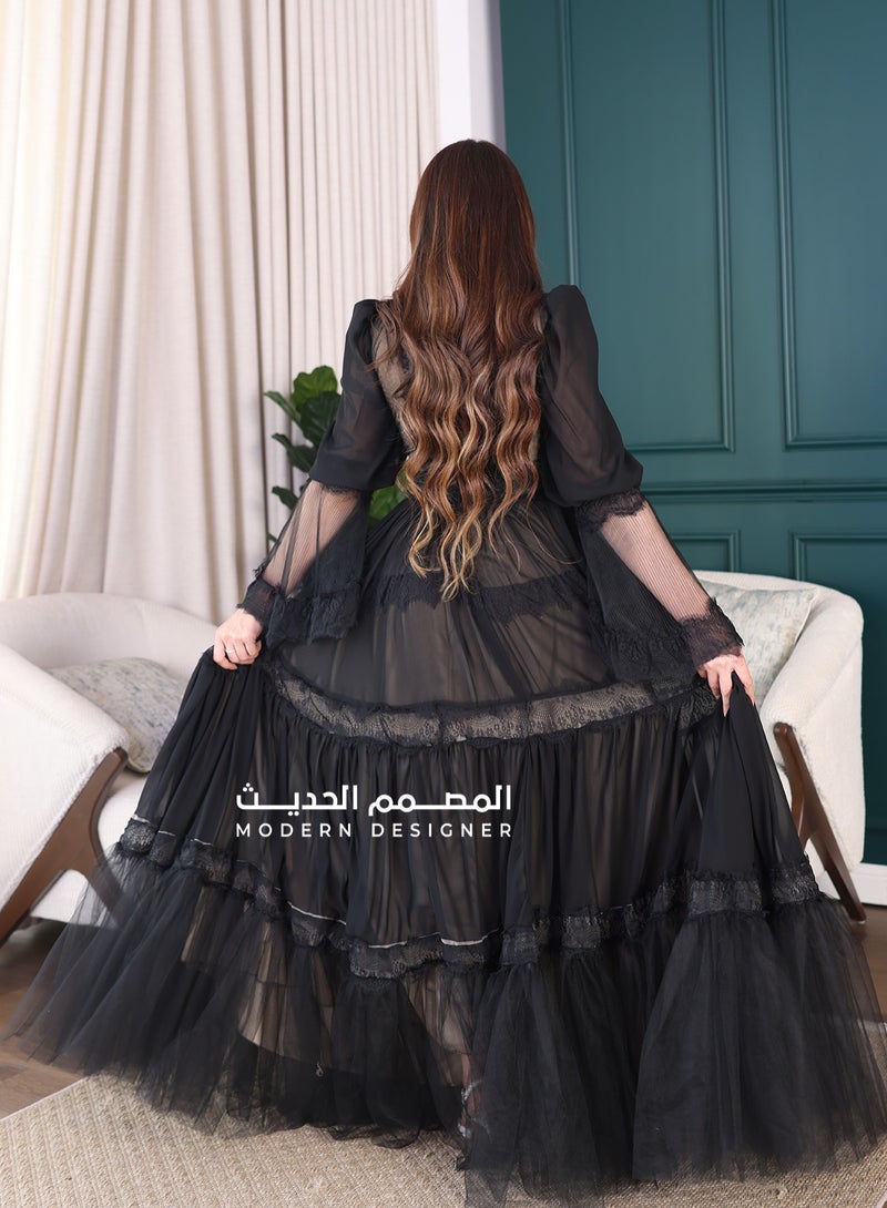 Modern Design Chiffon dress with luxurious layers of chiffon material with layers of lace. The dress features long transparent sleeves and a luxurious chest cut made of luxurious lace.  - Image 3