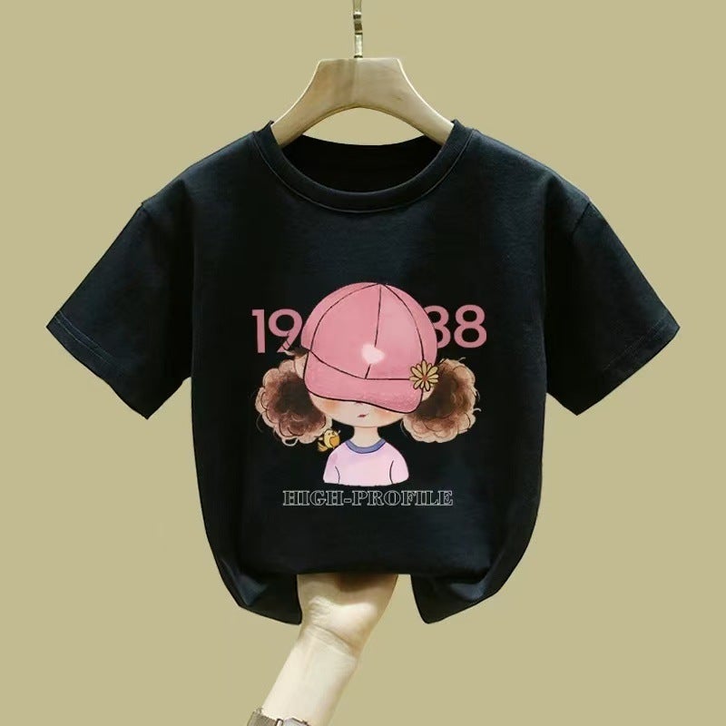 Girls' Short-Sleeved T-Shirt Pink Summer Mid-Large Children'S Cotton Half-Sleeved Children'S Round Neck Top T-Shirt - Image 1